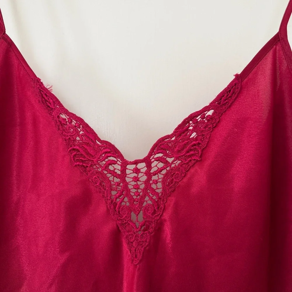 Vntg Intimate Affair Red Satin Lace Trim Nightgown‎ Slip Dress L: Boho, 90's